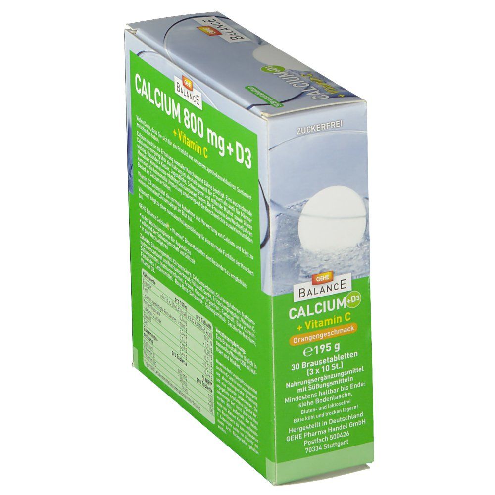 Rückseite der Verpackung von GEHE Balance Calcium + Vitamin C. Grün-weißes Design mit Produktinformationen und Nährwertangaben. Brausetabletten.