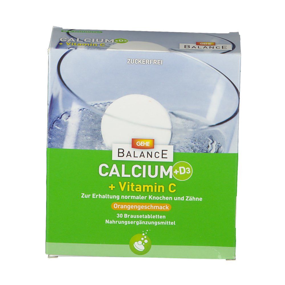 Vorderansicht der Verpackung von GEHE Balance Calcium + Vitamin C. Grün-weißes Design mit Produktnamen und Informationen. 30 Brausetabletten.