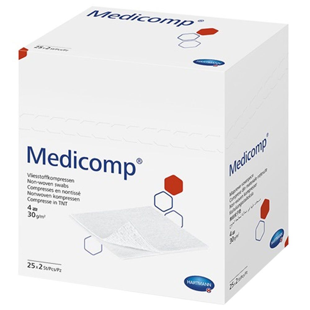 Verpackung von Medicomp® extra 6fach. Enthält 25 x 2 sterile Kompressen. Aufdrucke in mehreren Sprachen. Hartmann Logo.