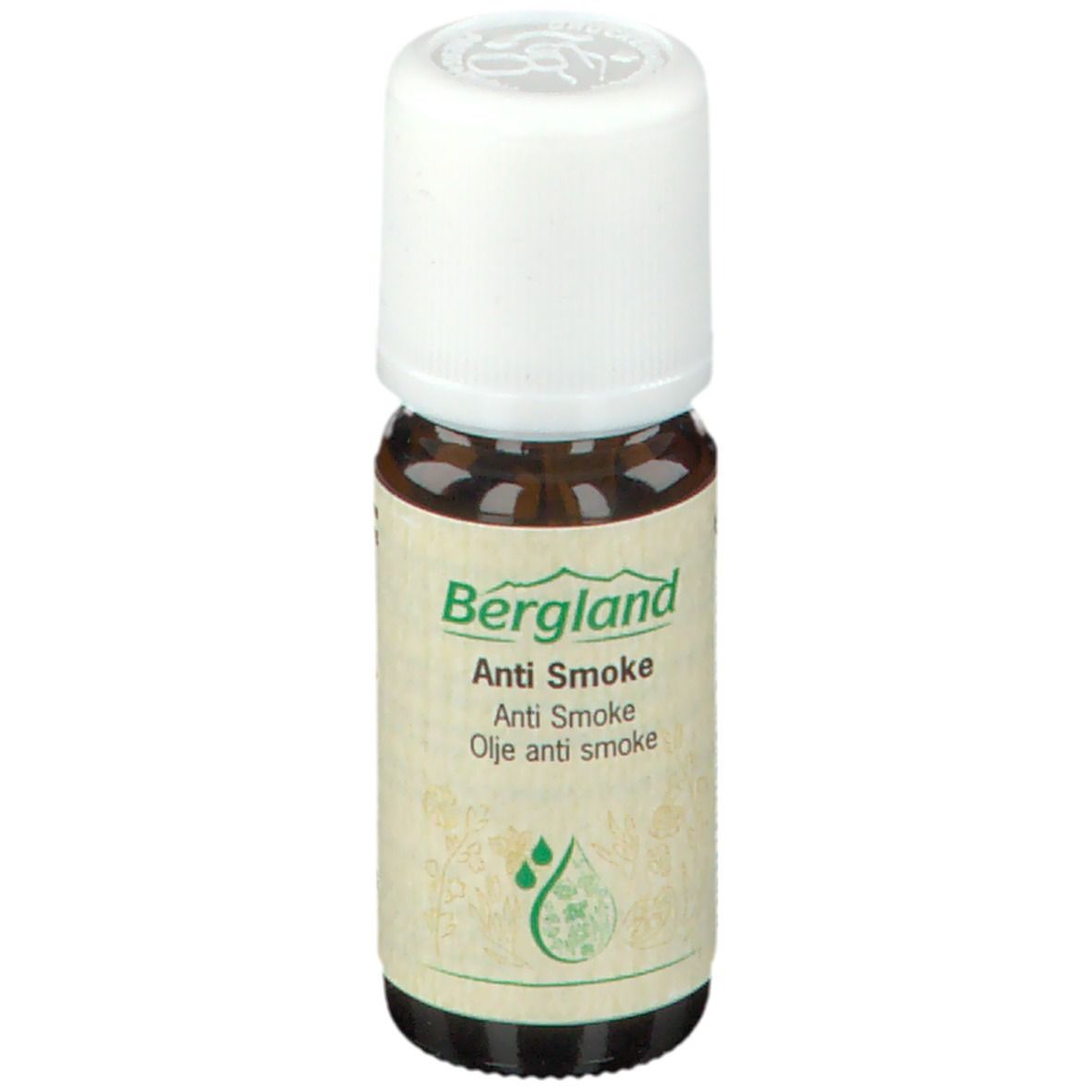 Braune Glasflasche mit weißem Deckel. Aufschrift: Bergland Anti Smoke. Grünes Logo mit Tropfen.