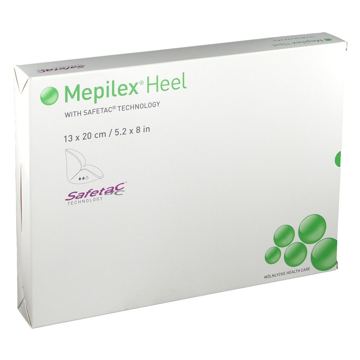 Verpackung Mepilex Heel, 13x20 cm. Mit Safetac Technologie. Weiße Schachtel mit grünen Akzenten und Produktlogo.