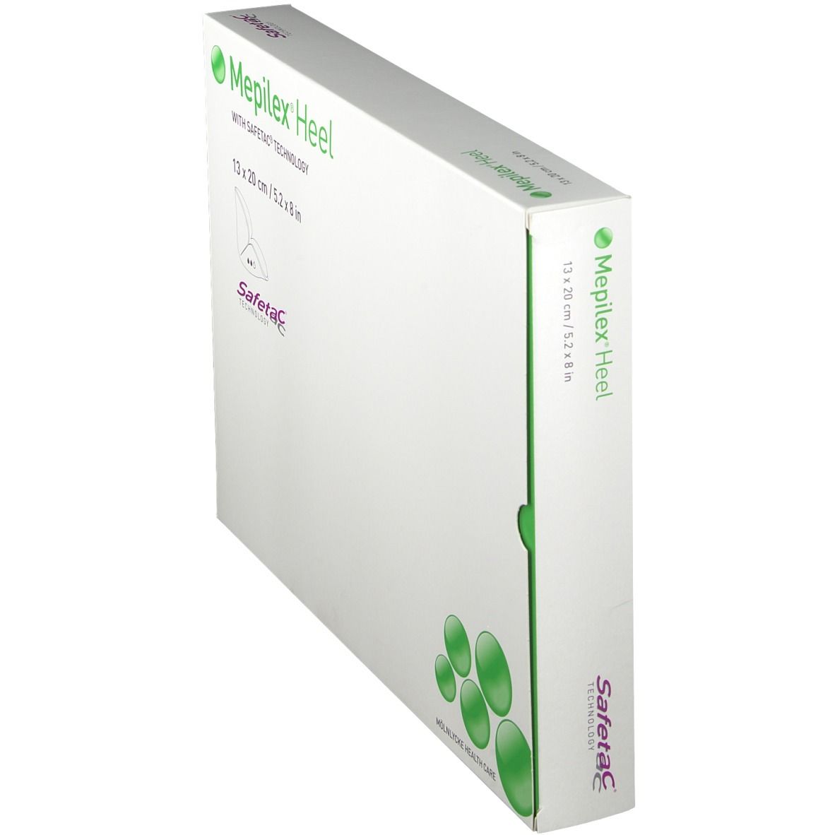 Mepilex Heel Verpackung, 13x20 cm. Weiße Schachtel mit grünen Akzenten. Safetac Technologie. Seitenansicht.