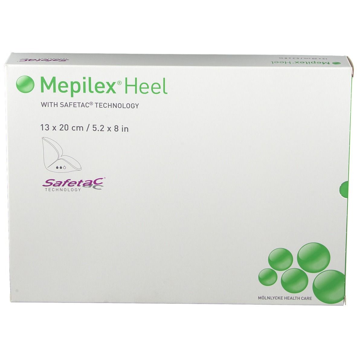 Mepilex Heel Verpackung, 13x20 cm. Weiße Schachtel mit grünen Akzenten und Produktlogo. Safetac Technologie.