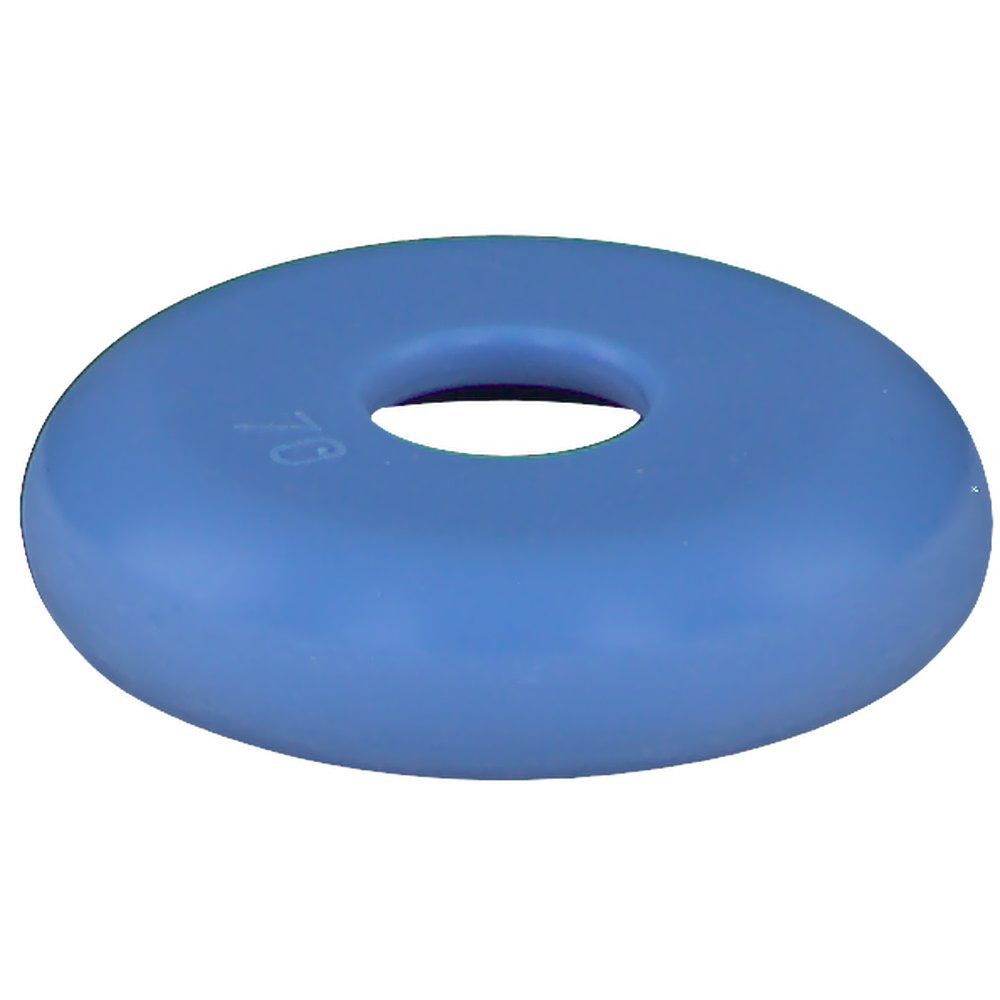 Blauer, ringförmiger Pessar aus Silikon. Mit zentraler Öffnung. Auf der Oberfläche ist die Zahl 70 eingeprägt.