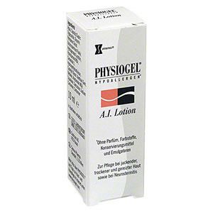 Weiße Schachtel mit Aufschrift PHYSIOGEL A.I. Lotion. Text: Ohne Parfum, Farbstoffe, Konservierungsmittel und Emulgatoren.