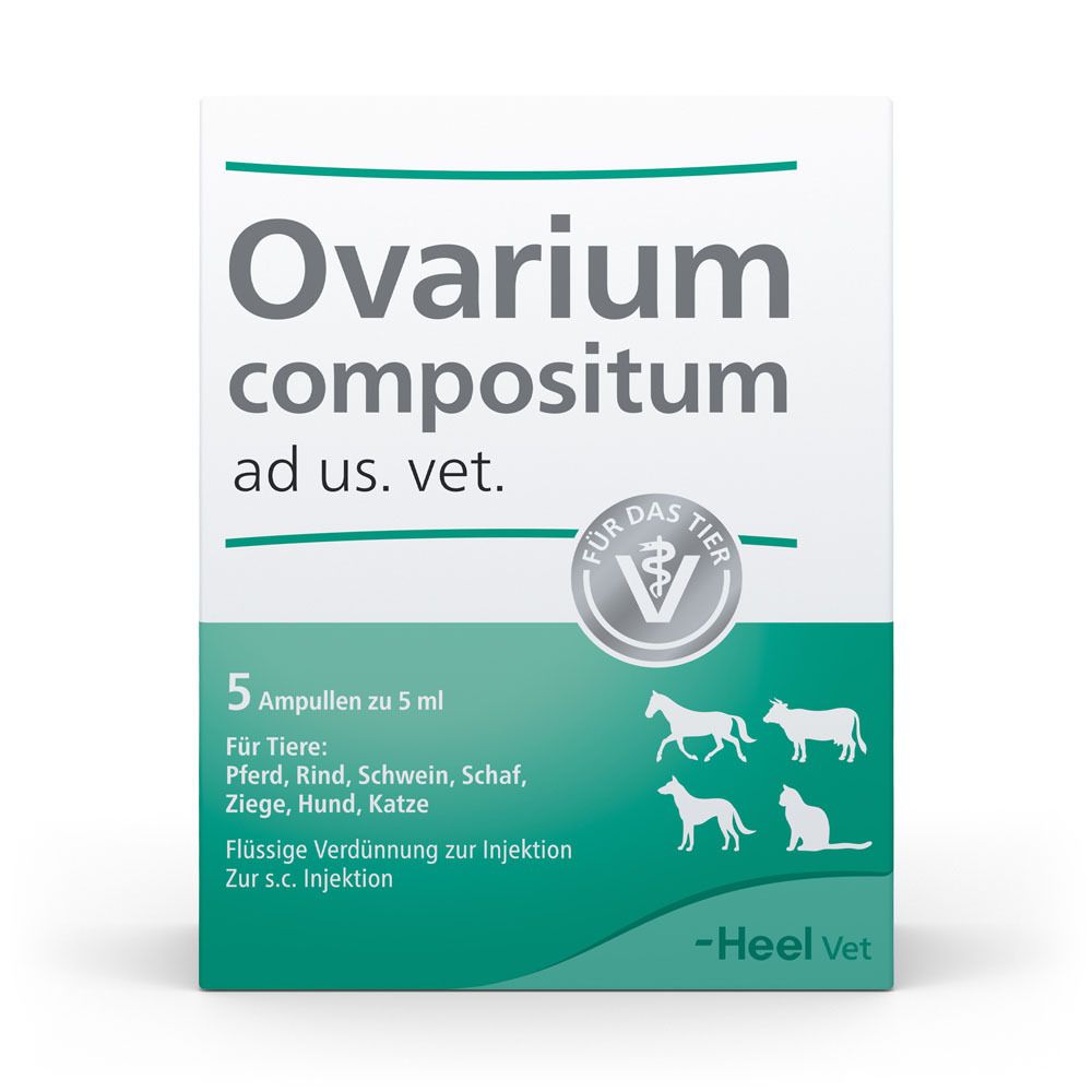 Packung mit Ovarium compositum ad us. vet. 5 Ampullen. Illustrationen von Tieren. Heel Vet Logo.