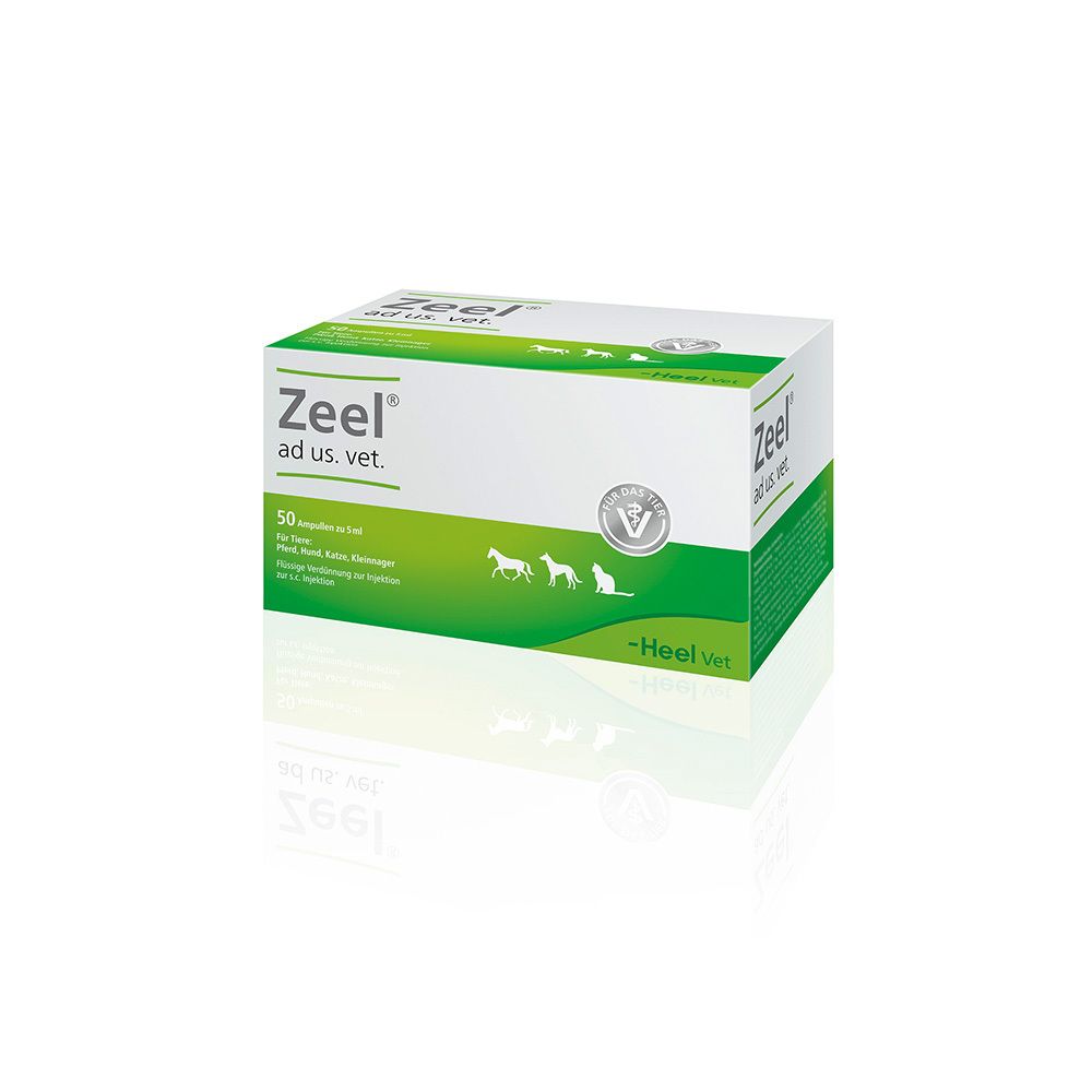 Weiße Schachtel mit grünem Streifen. Aufschrift: Zeel® ad us. vet. 50 Ampullen. Logo: Tierabbildungen und Heel Vet.