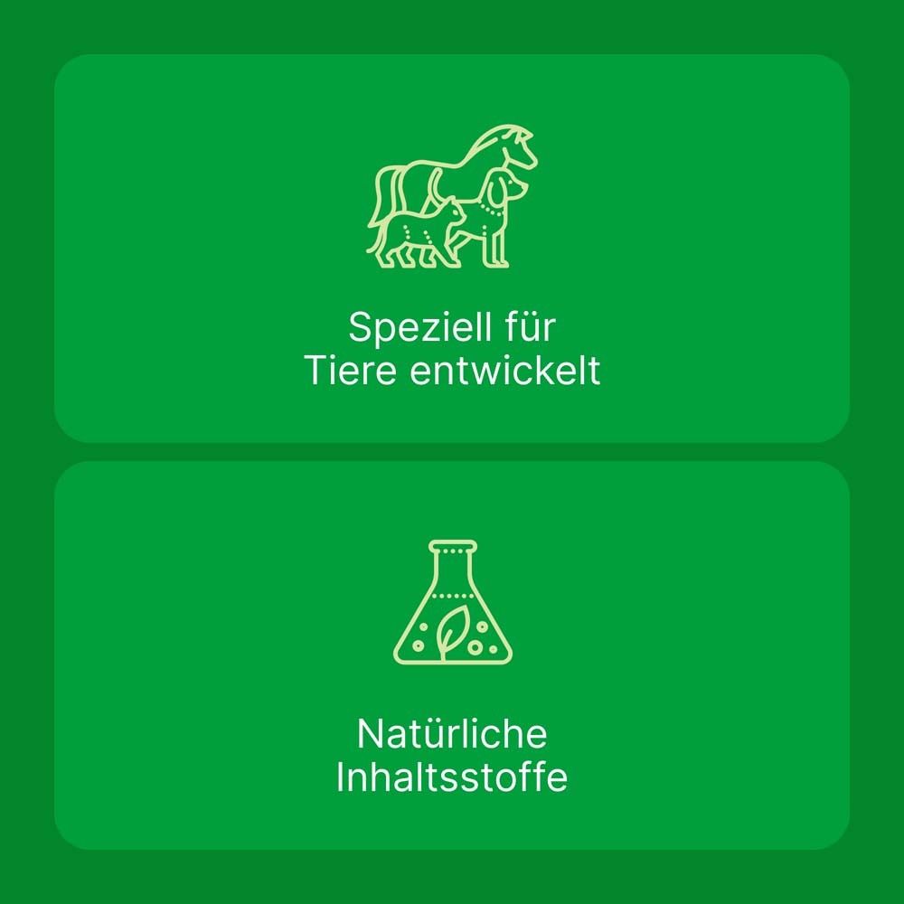 Zwei Icons auf grünem Hintergrund. Oben: Tiere. Unten: Natürliche Inhaltsstoffe.