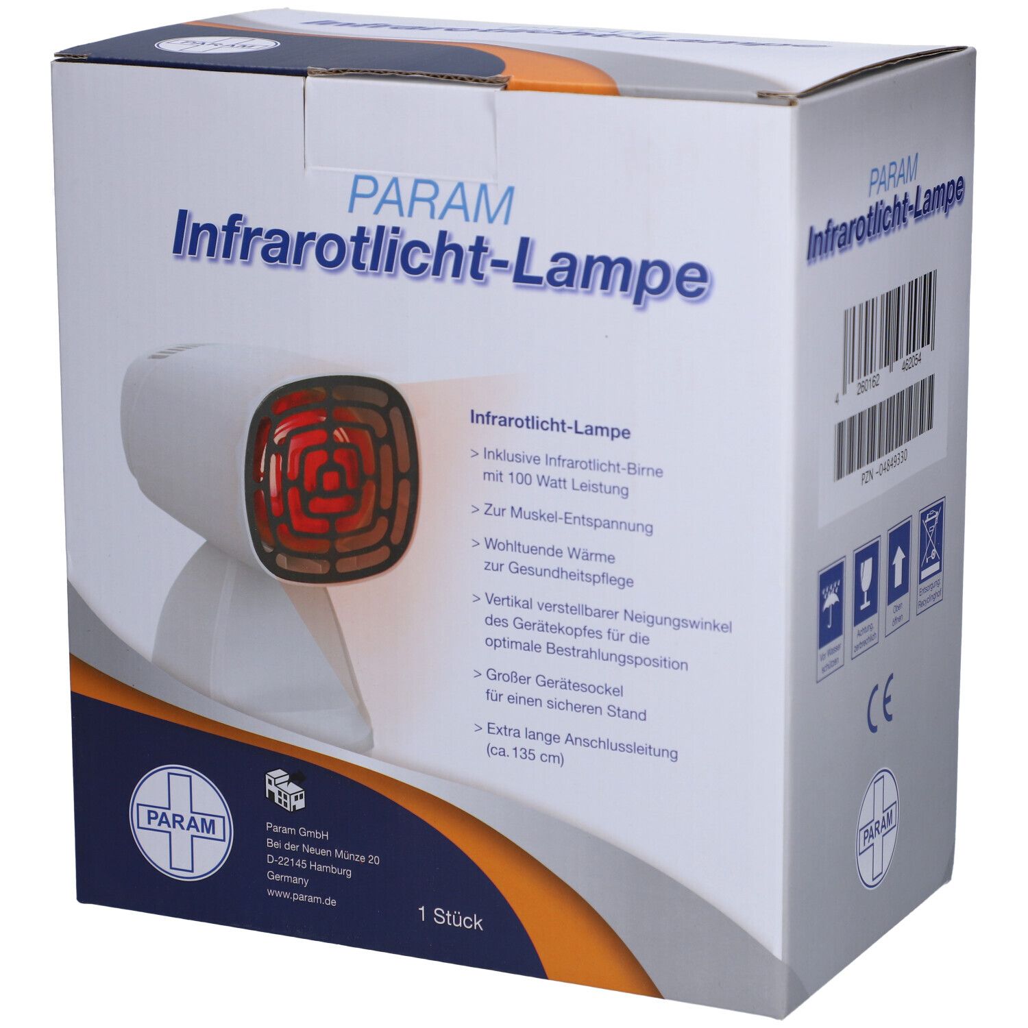 Verpackung der PARAM Infrarotlicht-Lampe. Weißer Karton mit Produktname und Lampe-Abbildung. CE-Zeichen.