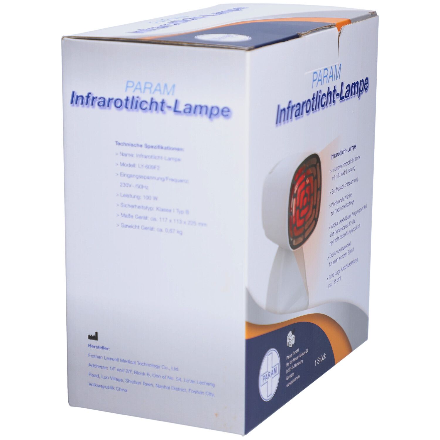 Verpackung der PARAM Infrarotlicht-Lampe. Technische Spezifikationen auf der Seite. Produktabbildung.