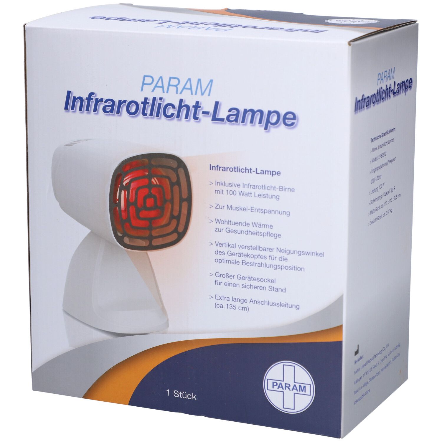 Verpackung der PARAM Infrarotlicht-Lampe. Produktabbildung und Beschreibung der Funktionen. Weißer Karton.