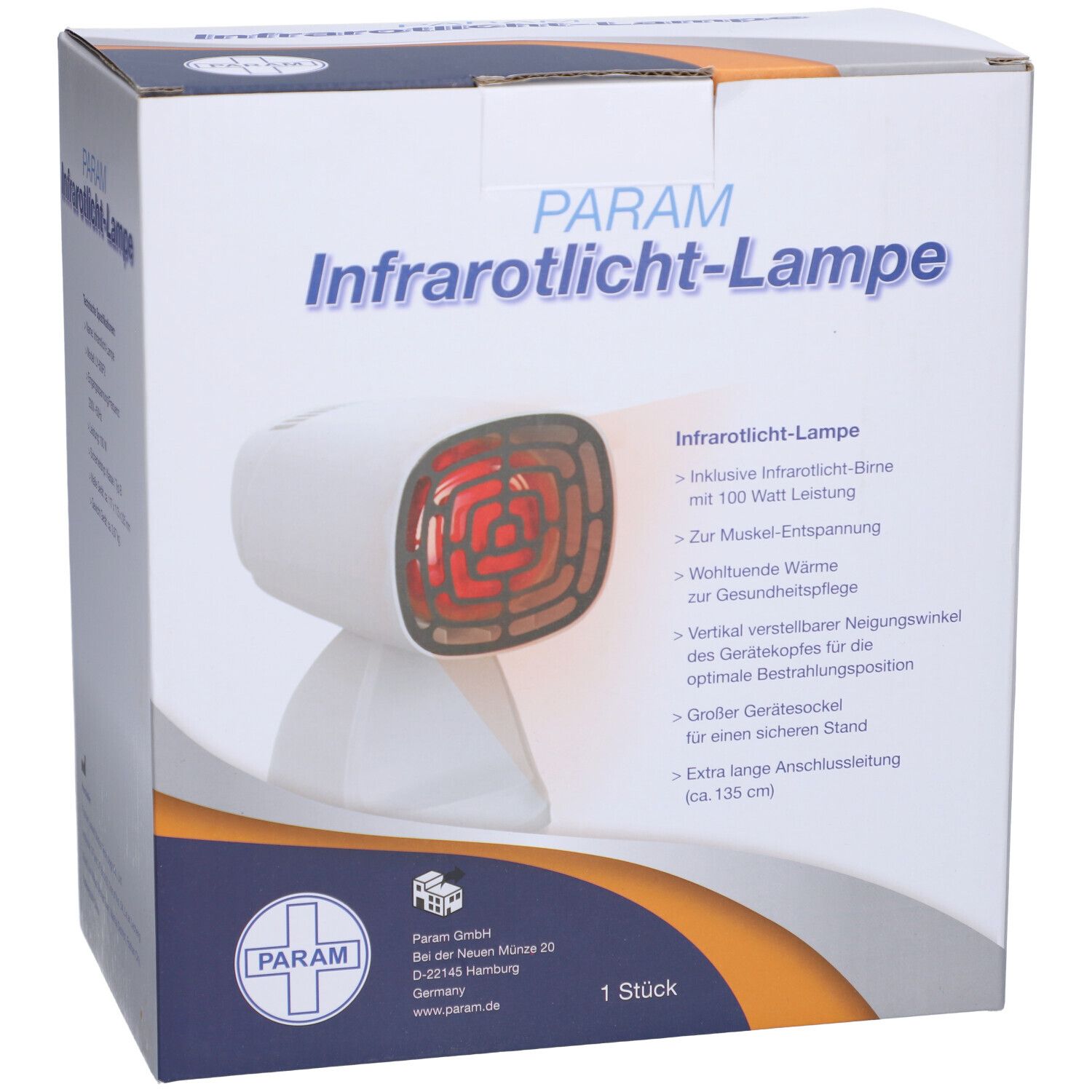 Verpackung der PARAM Infrarotlicht-Lampe. Produktabbildung und Beschreibung der Funktionen. Weißer Karton.