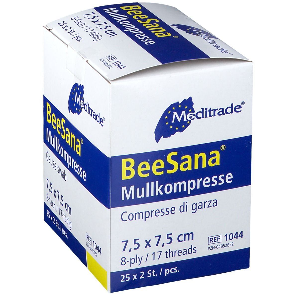Verpackung von BeeSana Mullkompresse. 7,5 x 7,5 cm, 8-fach, 25 x 2 Stück. Meditrade Logo.