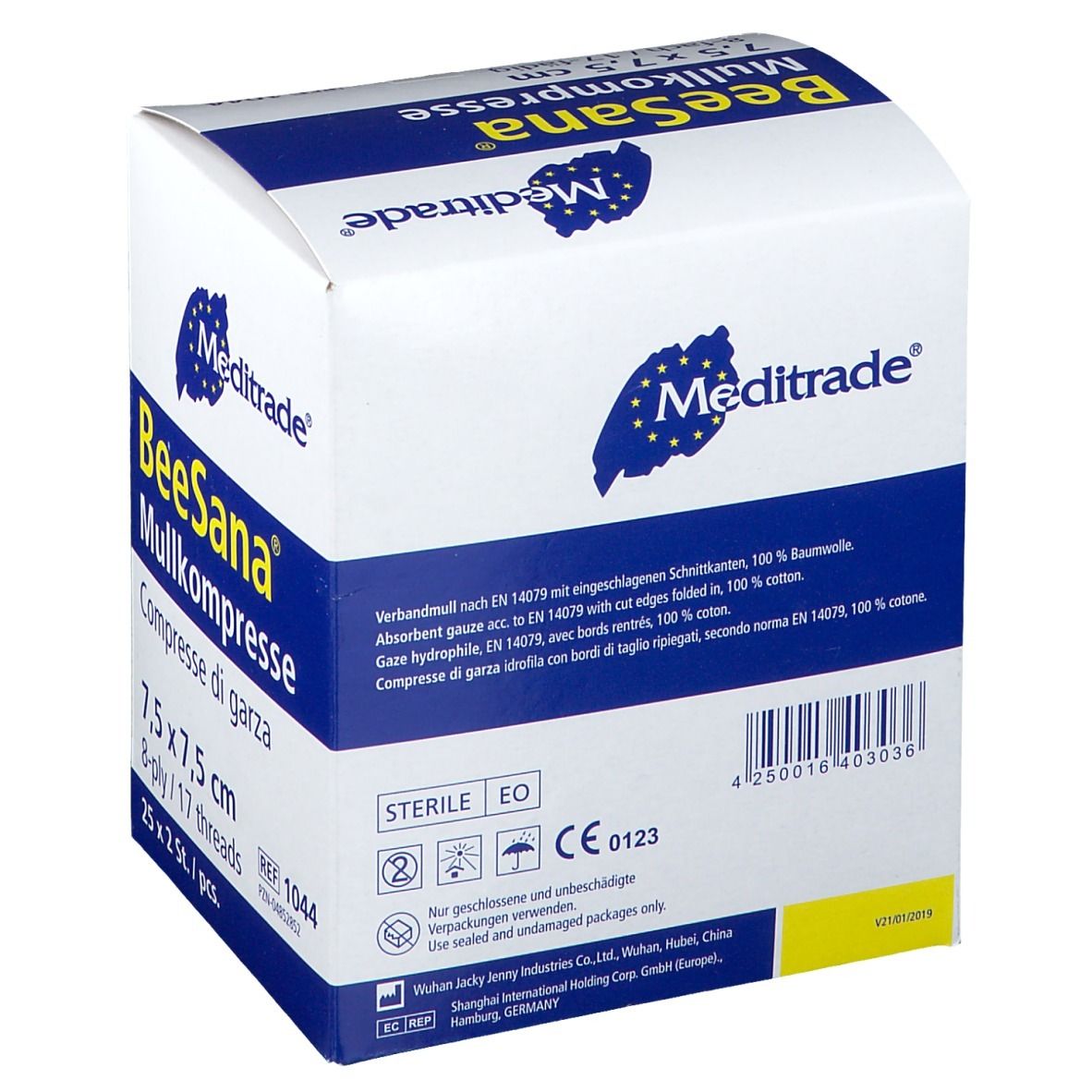 Verpackung von BeeSana Mullkompresse. 7,5 x 7,5 cm, 8-fach, 25 x 2 Stück. Steril. Meditrade Logo.