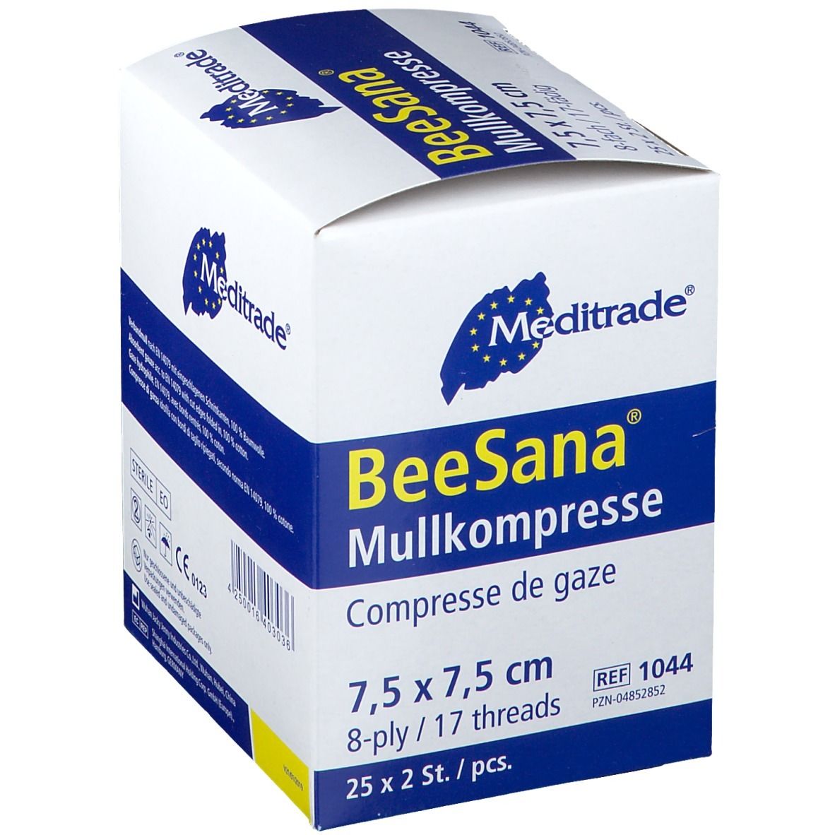 Verpackung von BeeSana Mullkompresse. 7,5 x 7,5 cm, 8-fach, 25 x 2 Stück. Meditrade Logo.