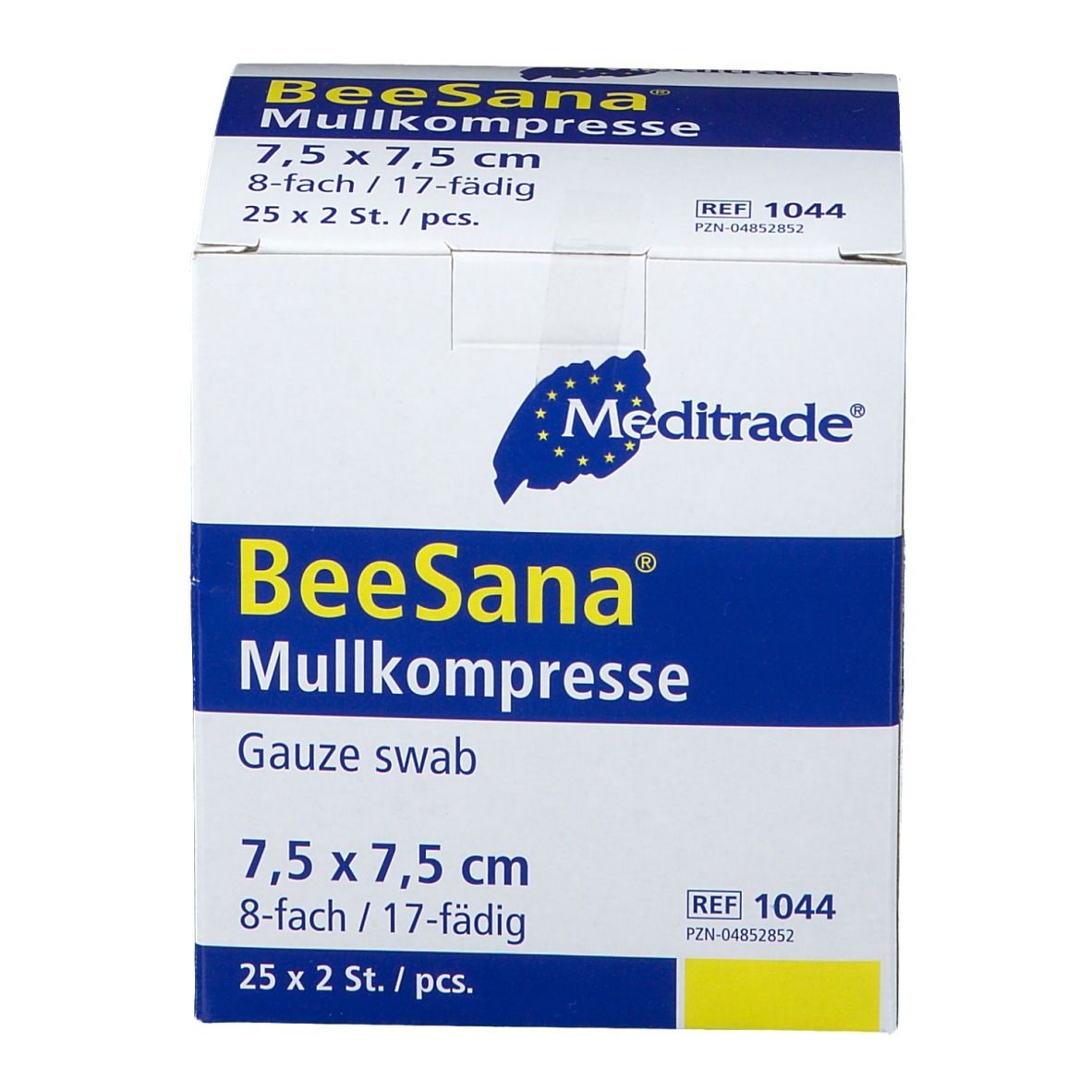 Verpackung von BeeSana Mullkompresse. 7,5 x 7,5 cm, 8-fach, 25 x 2 Stück. Meditrade Logo.