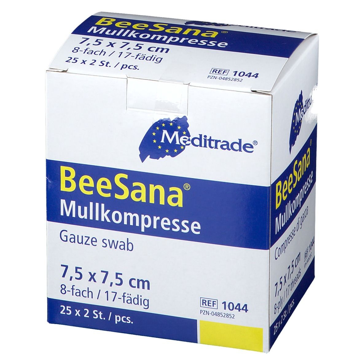 Verpackung von BeeSana Mullkompresse. 7,5 x 7,5 cm, 8-fach, 25 x 2 Stück. Meditrade Logo.