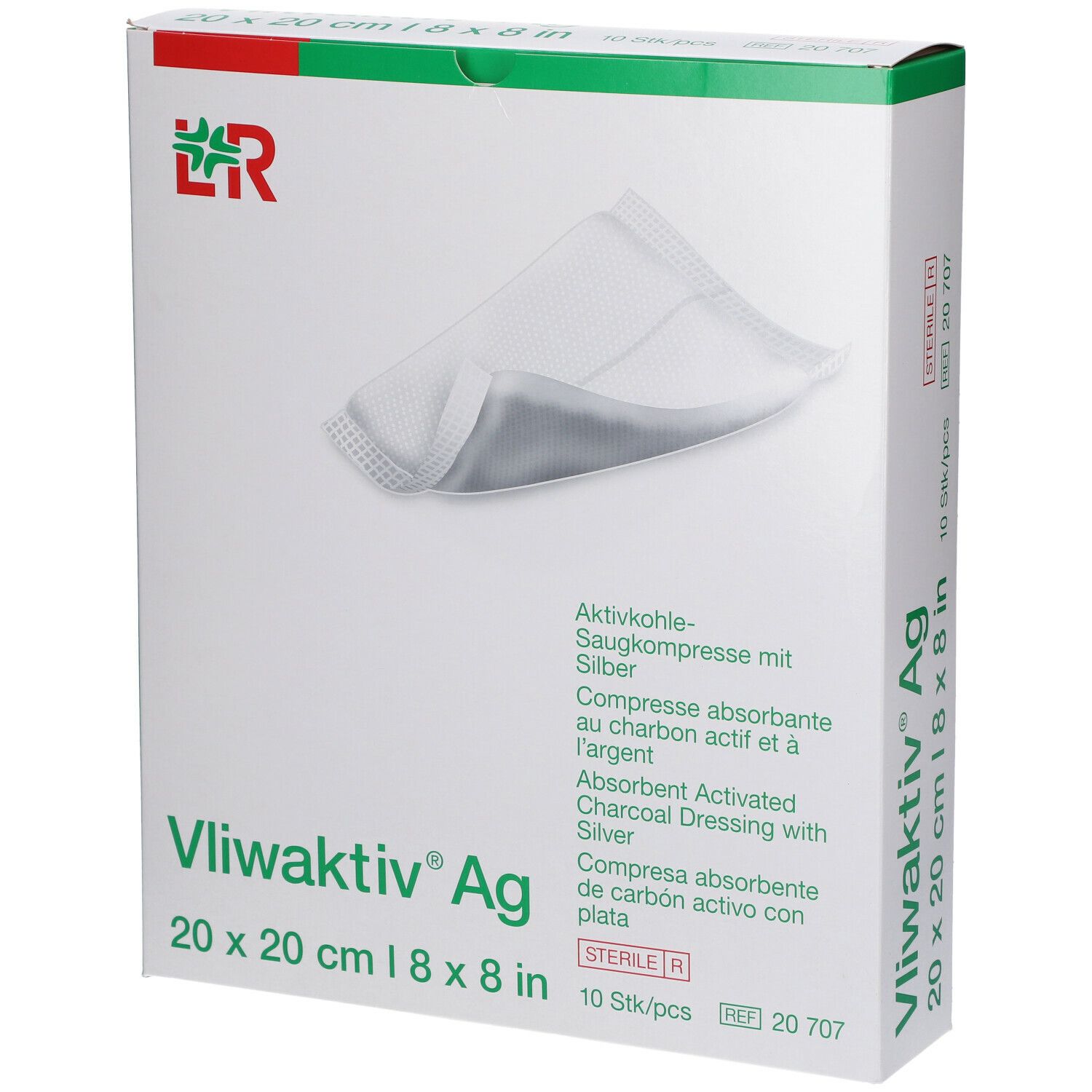 Verpackung von Vliwaktiv® Ag Saugkompresse. 20 x 20 cm. 10 Stück. Produktname und Größe deutlich sichtbar.