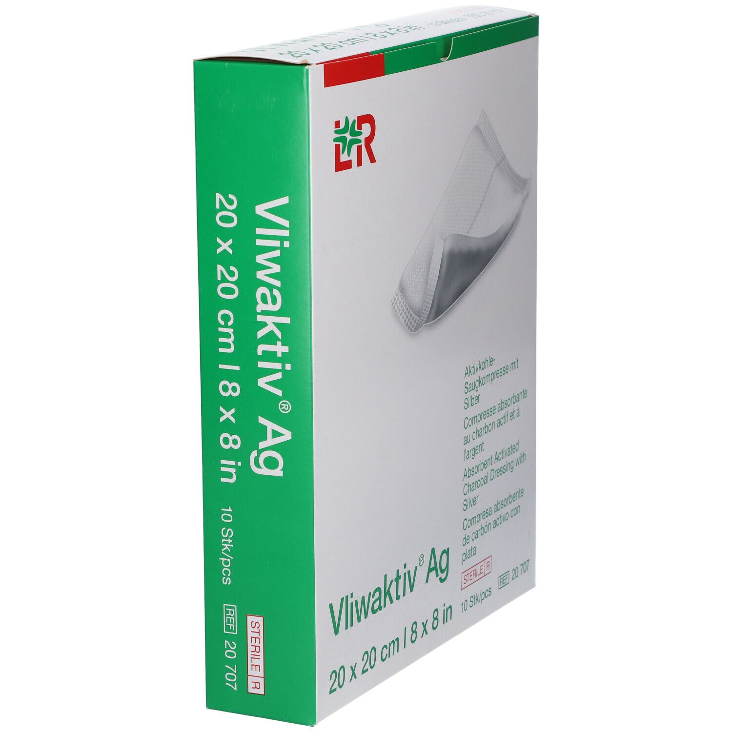 Vliwaktiv® Ag Verpackung, 20 x 20 cm. Grün-weiße Verpackung mit Produktname und Größenangabe. 10 Stück.