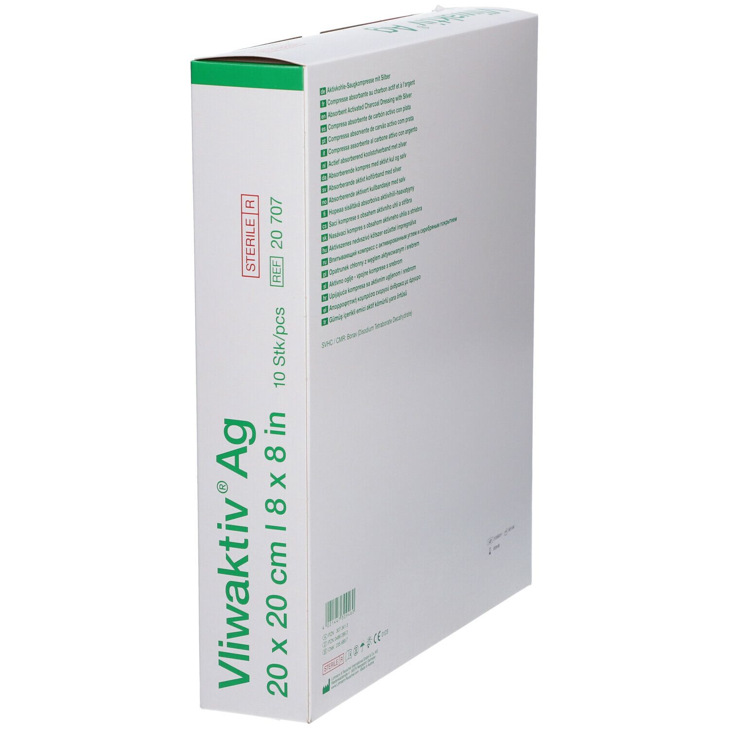 Vliwaktiv® Ag Verpackung, 20 x 20 cm. Seitenansicht. Produktname, Größe und Stückzahl deutlich sichtbar.