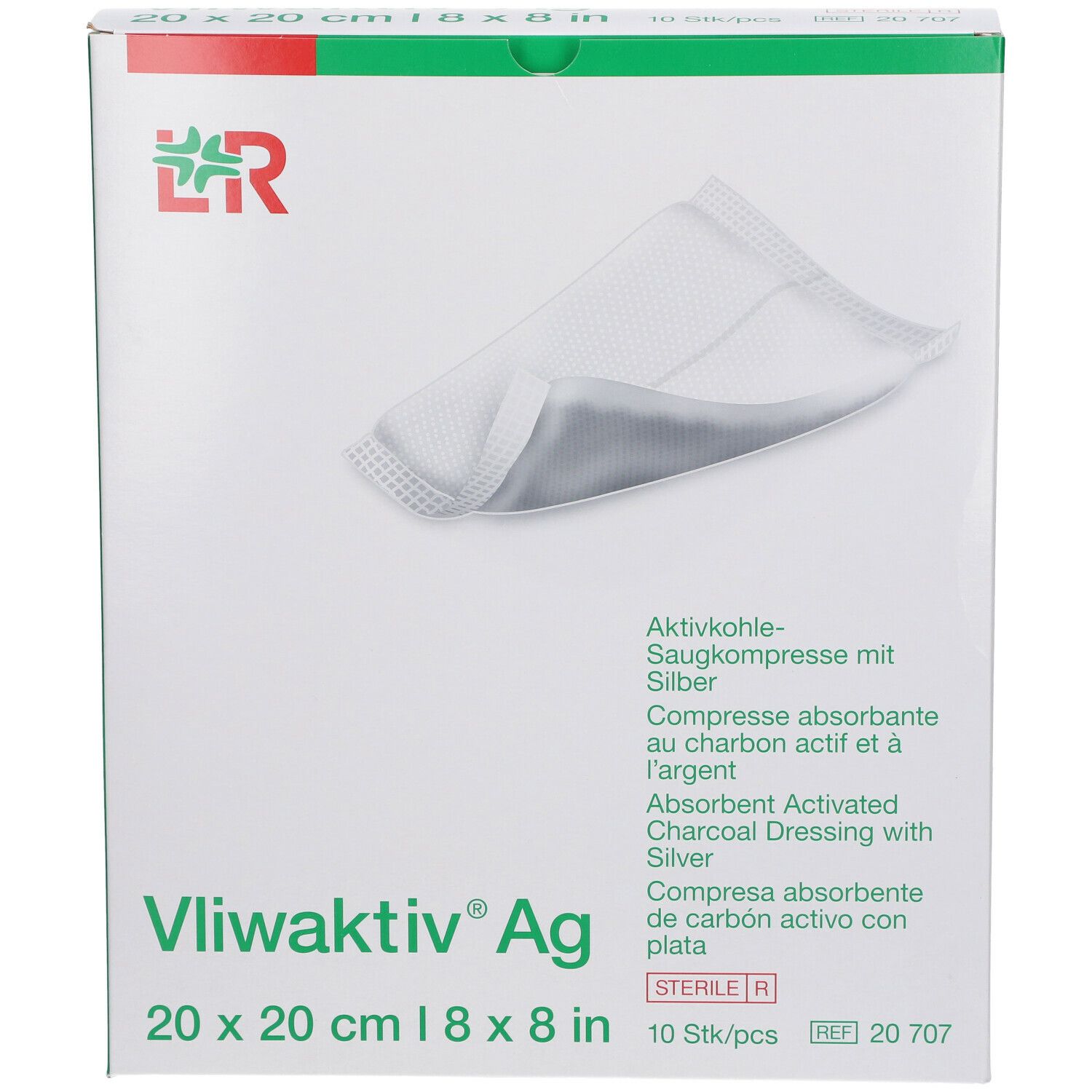 Vliwaktiv® Ag Saugkompresse in Verpackung. 20 x 20 cm. Produktname, Größe und Inhalt deutlich sichtbar.