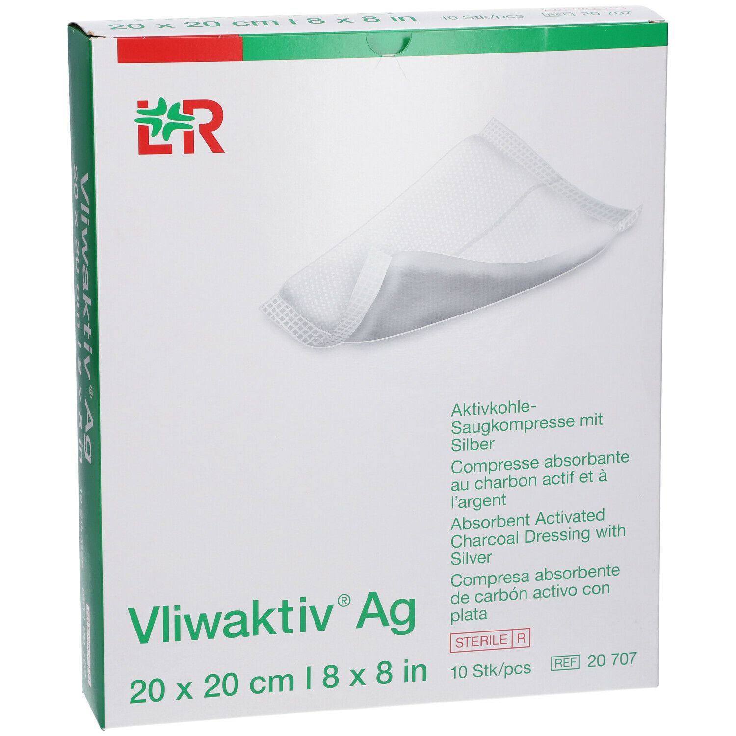 Vliwaktiv® Ag Saugkompresse in Verpackung. 20 x 20 cm. Produktname, Größe und Inhalt deutlich sichtbar.
