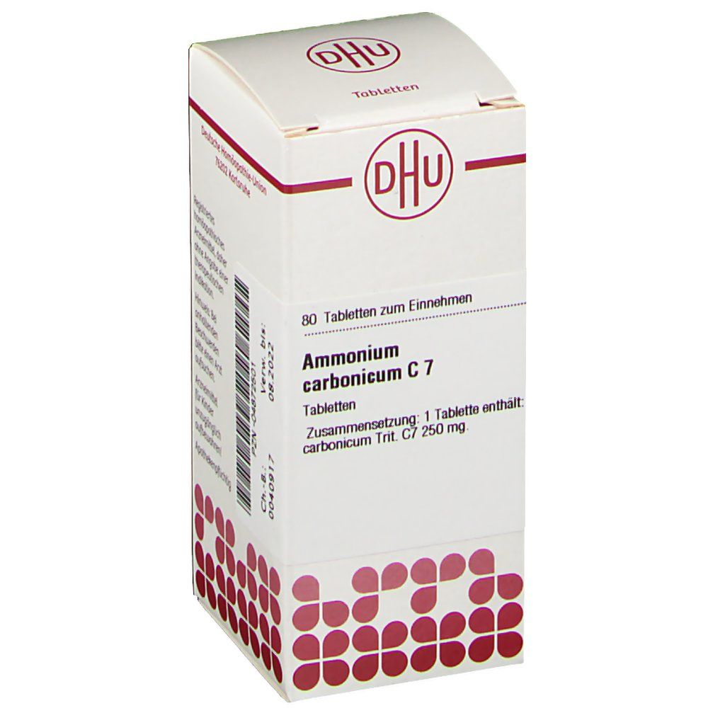 Weiße Schachtel mit DHU-Logo und Aufschrift 'Ammonium carbonicum C 7'. Enthält 80 Tabletten. Zusammensetzung und Verfallsdatum sind angegeben.