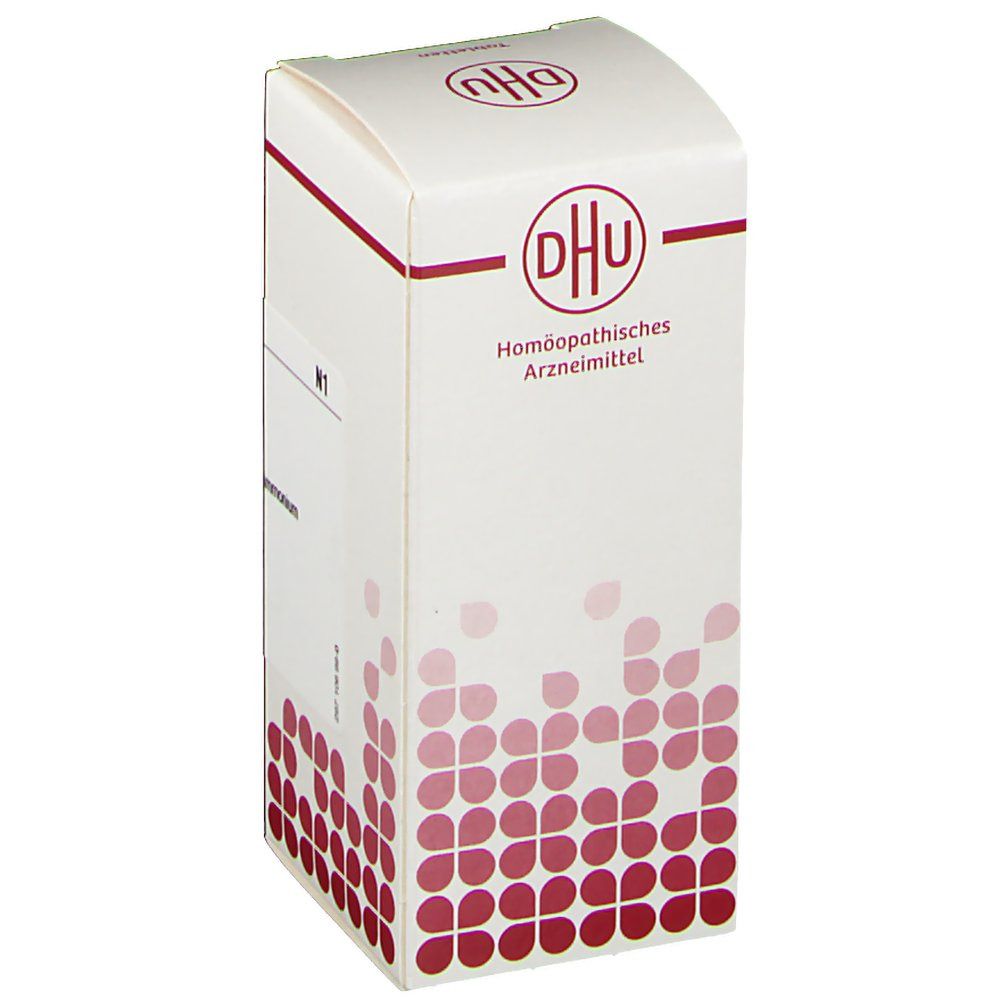 Weiße Schachtel mit DHU-Logo und Aufschrift 'Homöopathisches Arzneimittel'. Rote, blütenförmige Muster am unteren Rand.
