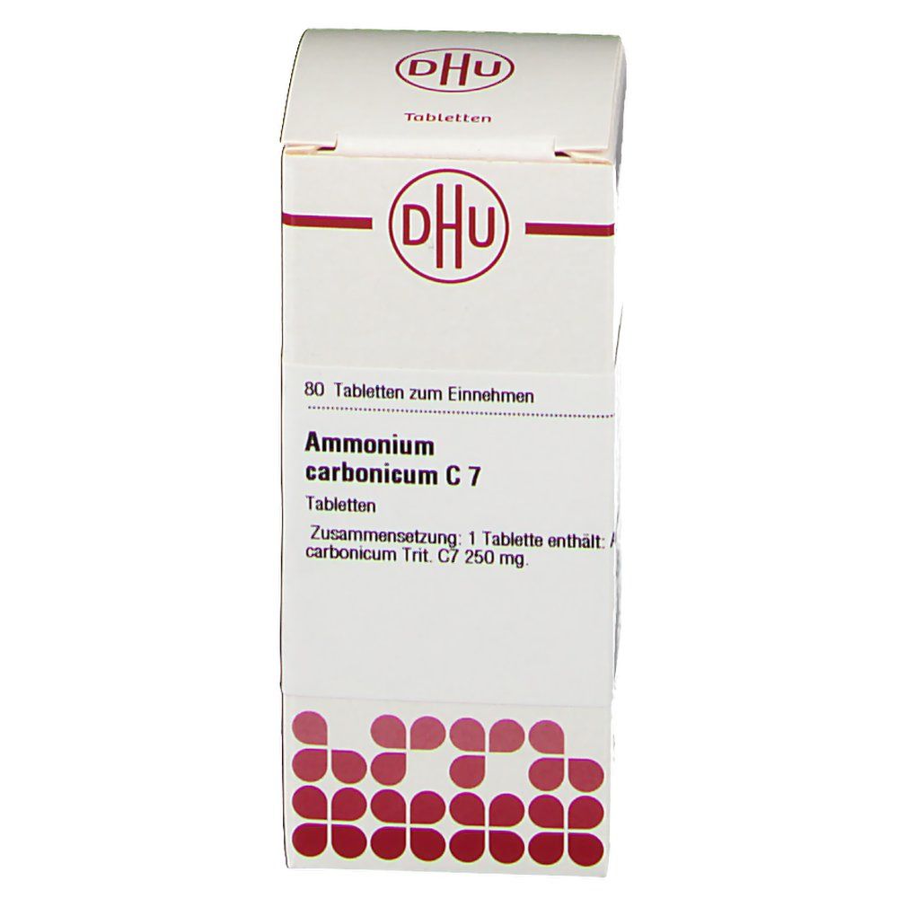Weiße Schachtel mit DHU-Logo und Aufschrift 'Ammonium carbonicum C 7'. Enthält 80 Tabletten. Zusammensetzung angegeben.