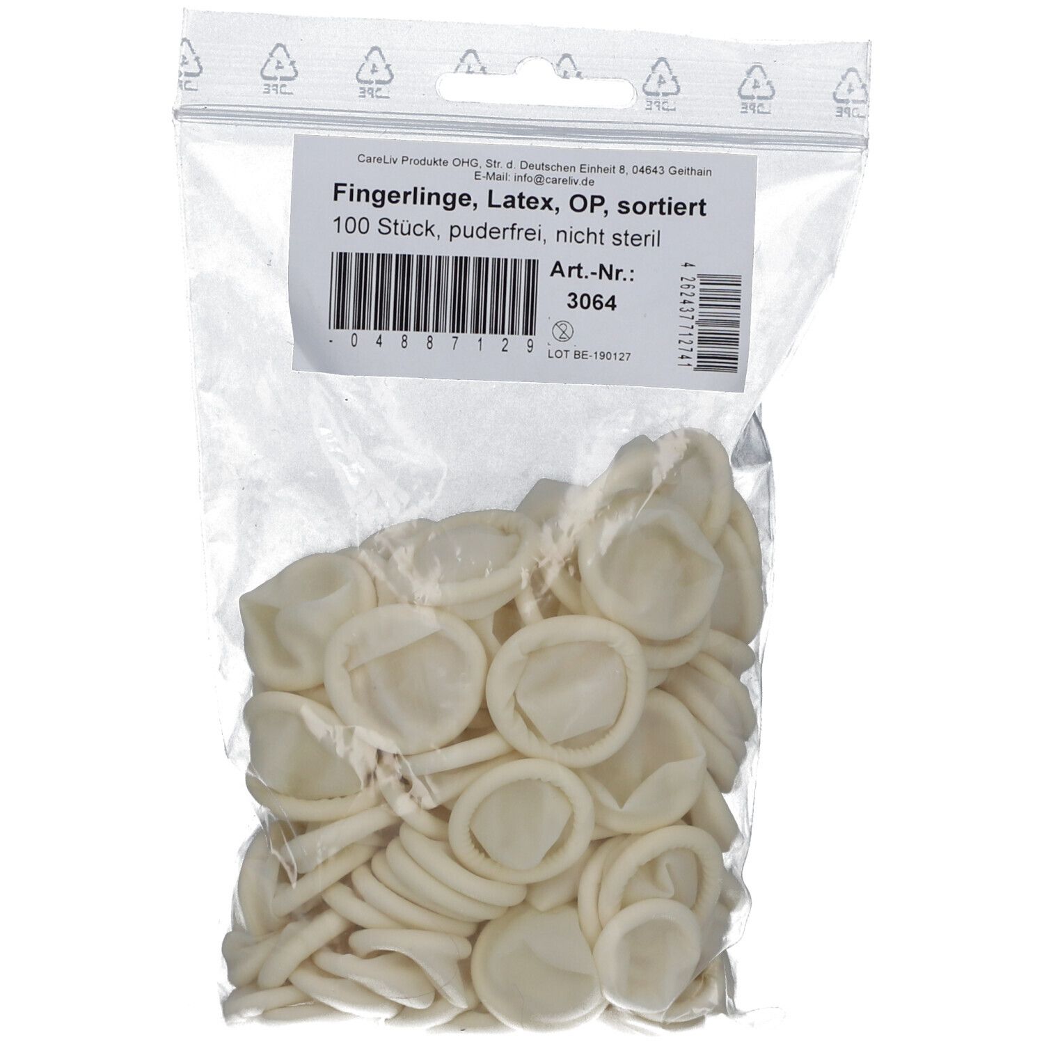 Beutel mit Latex-Fingerlingen, sortiert. 100 Stück. Art.-Nr. 3064. Aufdruck: Fingerlinge, Latex, OP, sortiert, puderfrei, nicht steril.