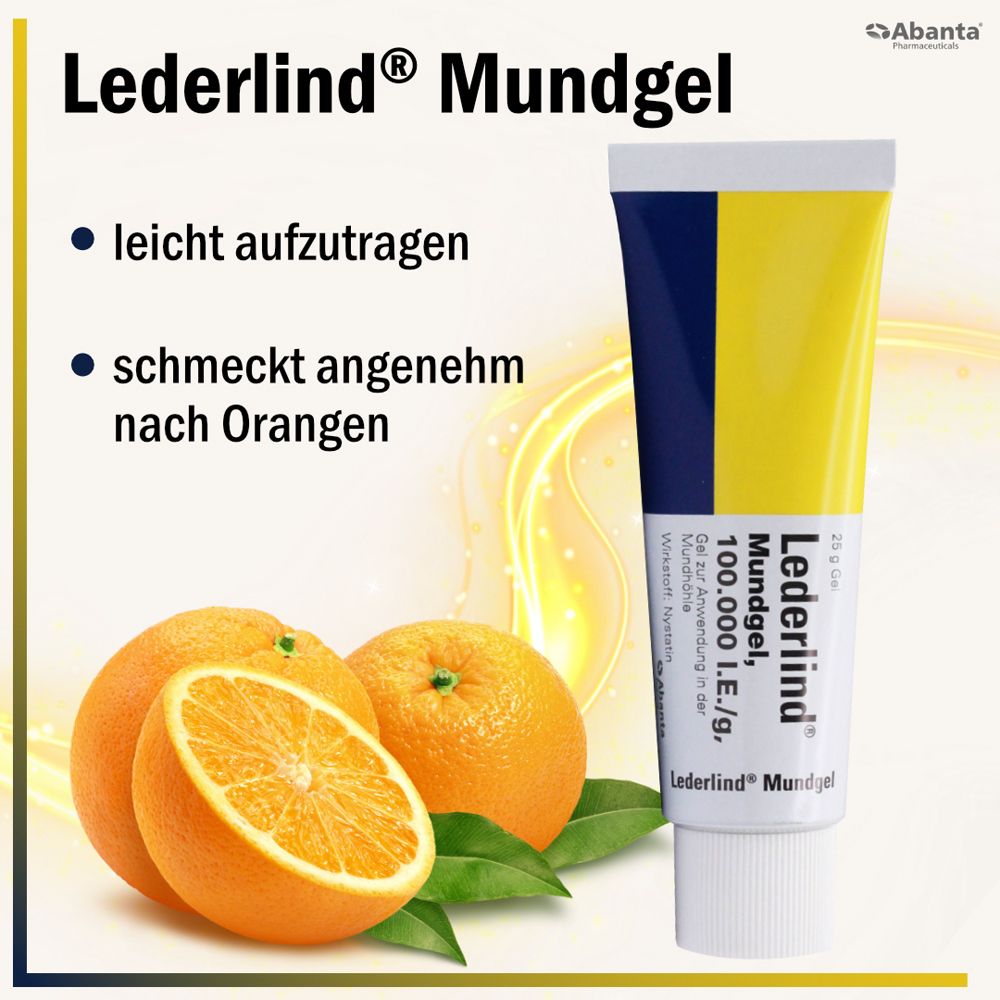 Lederlind® Mundgel Tube neben Orangen und Blättern. Text über einfache Anwendung und Orangengeschmack.
