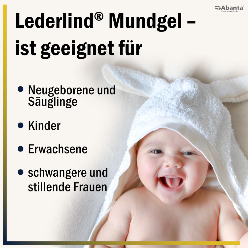 Lächelndes Baby mit Hasenohren-Handtuch. Text über Eignung von Lederlind® Mundgel für alle Altersgruppen.