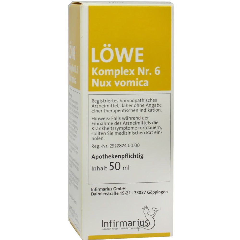 Gelbe Schachtel mit weißer Schrift. Enthält LÖWE Komplex Nr. 6 Nux vomica Tropfen. Apothekenpflichtig.