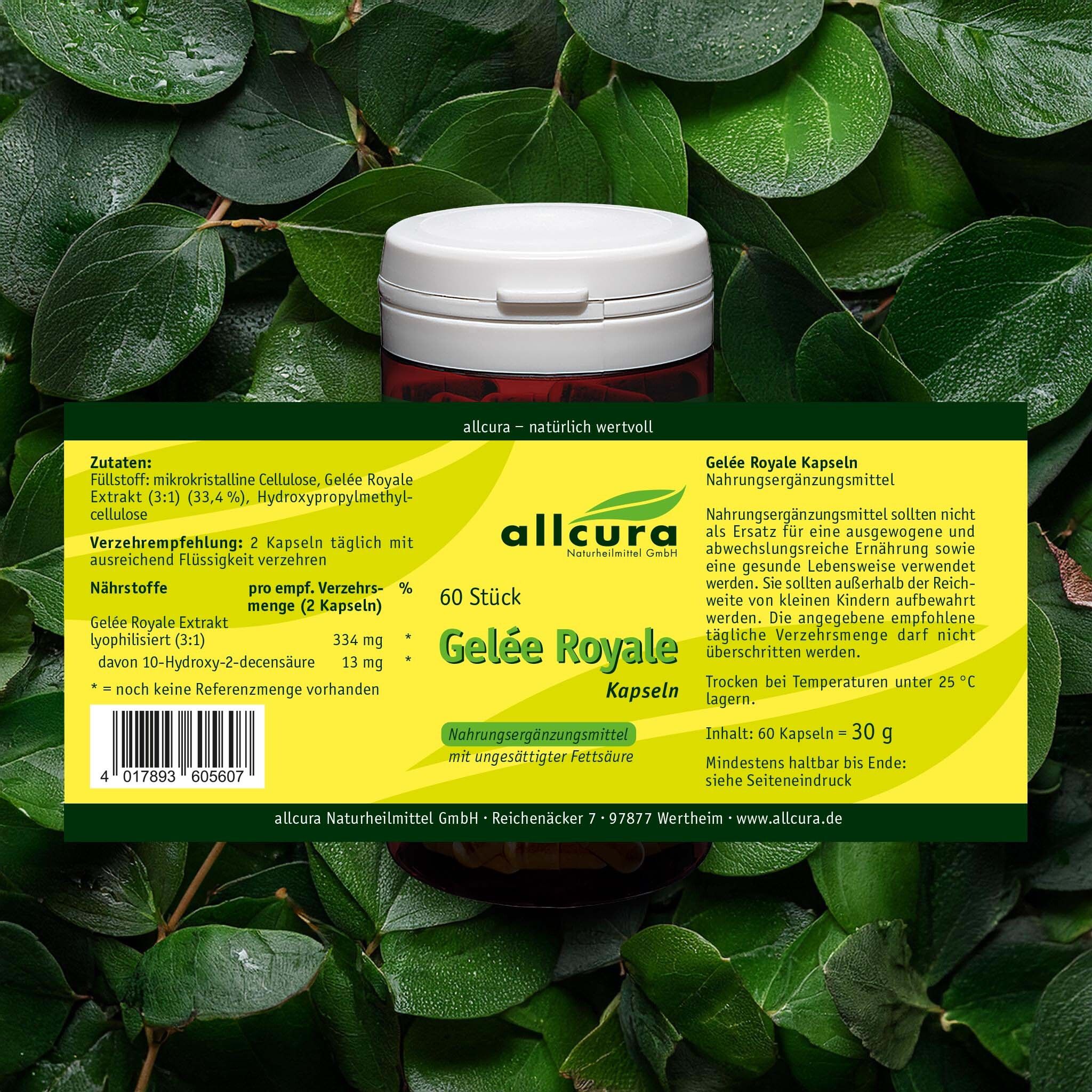 Dose allcura Gelée Royale Kapseln in Blättern. Aufschrift: 60 Stück. Text: Nahrungsergänzungsmittel.