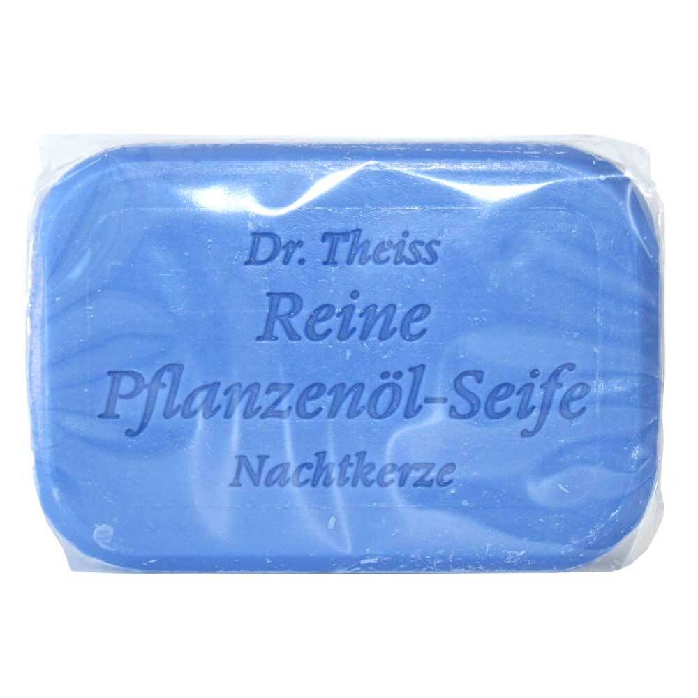 Blaue Seife in Folie. Aufschrift: Dr. Theiss Reine Pflanzenöl-Seife Nachtkerze.