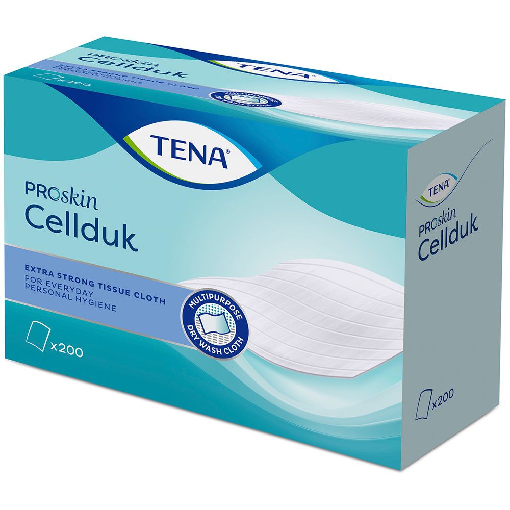 TENA ProSkin Cellduk Packung. Extra starkes Tissue-Tuch für die tägliche Körperpflege. Enthält 200 Tücher.