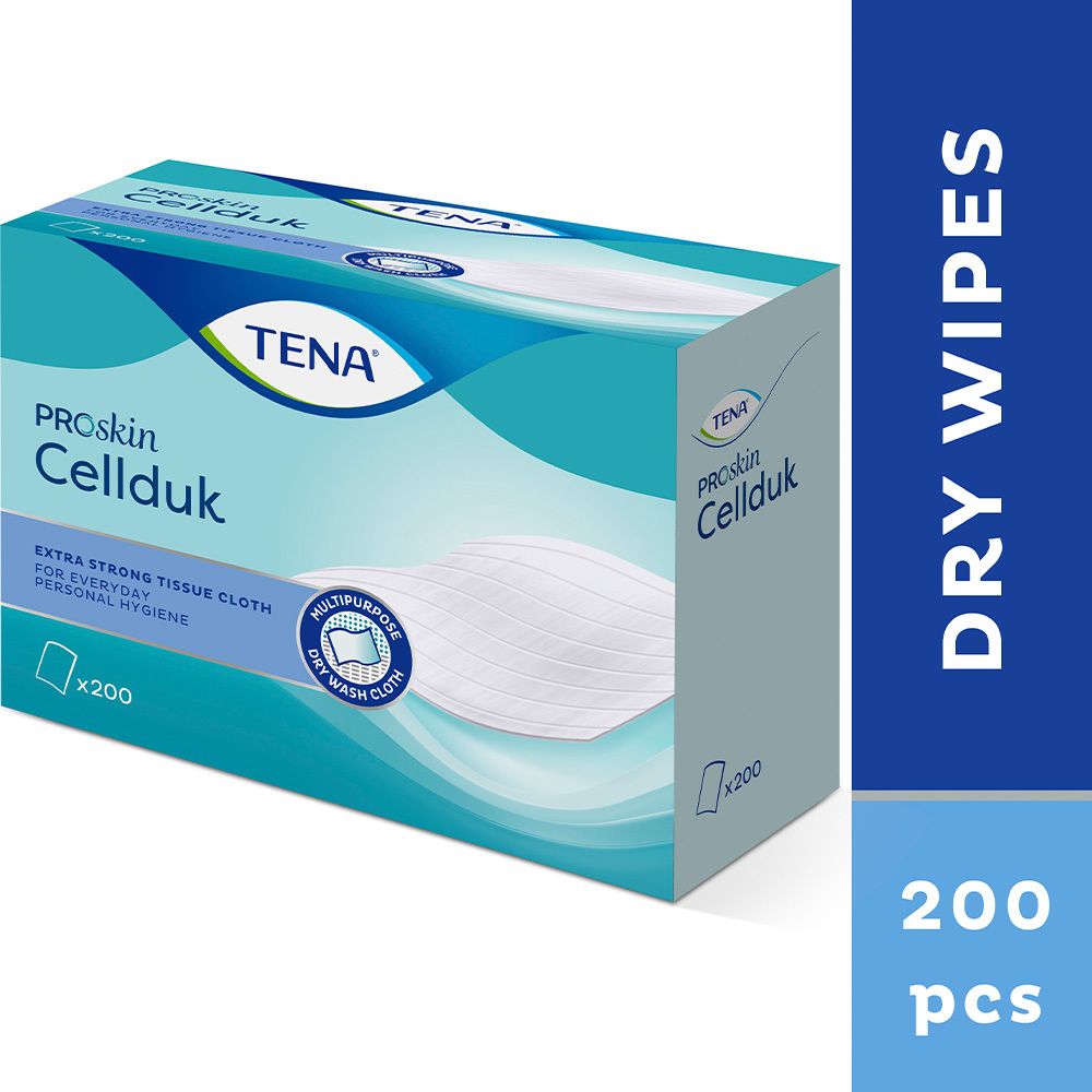 TENA ProSkin Cellduk Packung. Extra starkes Tissue-Tuch. 200 Stück. Aufdruck: Dry Wipes.
