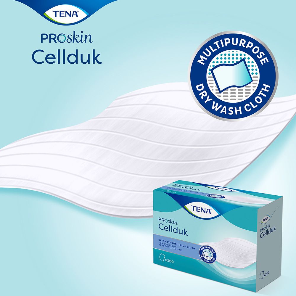 TENA ProSkin Cellduk Packung und Tissue-Tuch. Aufdruck: Multipurpose Dry Wash Cloth.