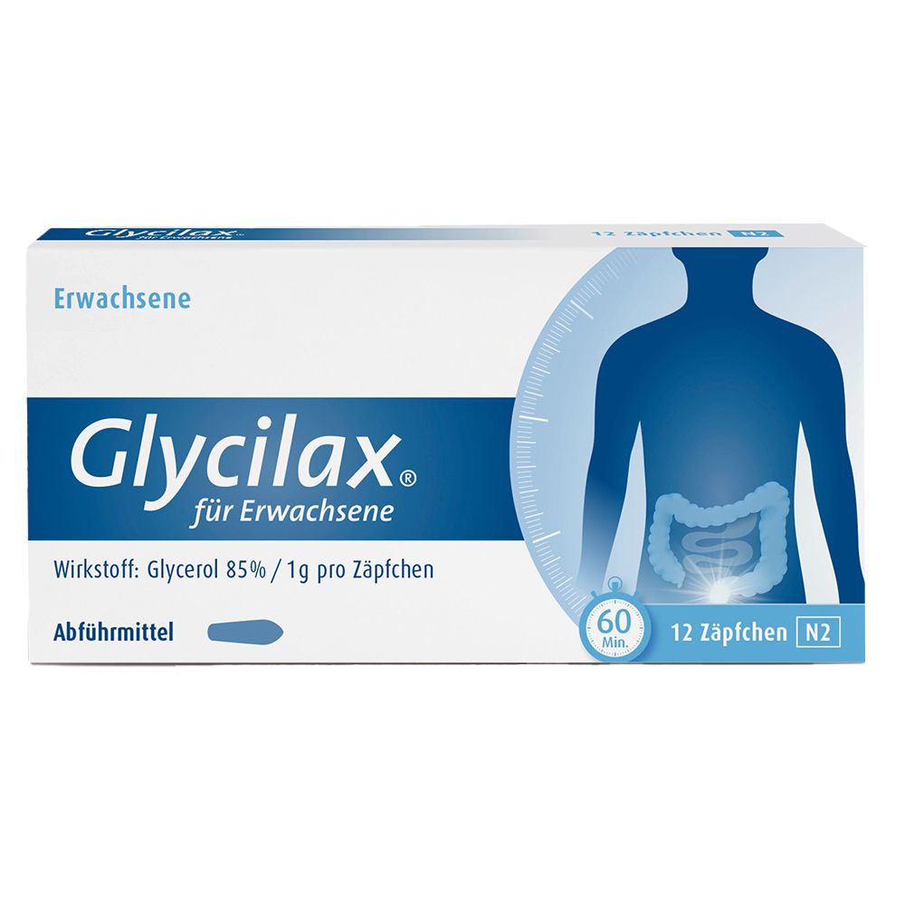 Schachtel mit Glycilax® für Erwachsene. Enthält 12 Zäpfchen. Aufdruck: Wirkstoff Glycerol 85%.