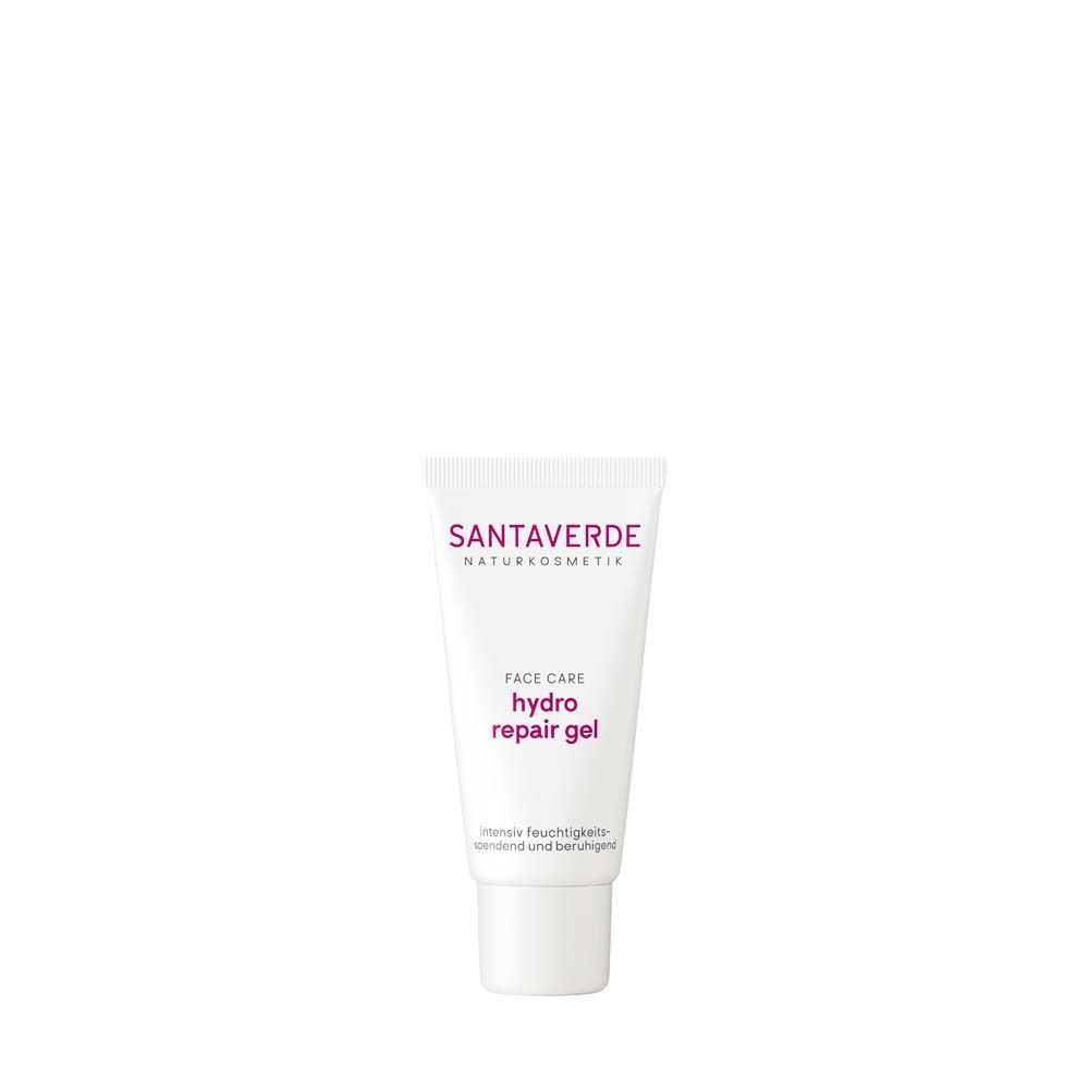 Weiße Tube mit SANTAVERDE-Logo und Produktbezeichnung. Aufschrift: FACE CARE hydro repair gel.