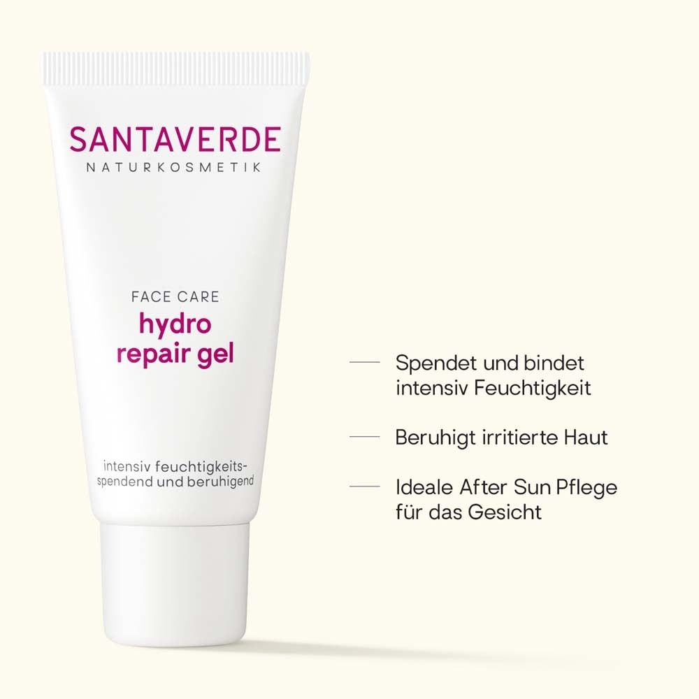 Weiße Tube mit SANTAVERDE-Logo und Produktbezeichnung. Text: Spendet Feuchtigkeit, beruhigt Haut.