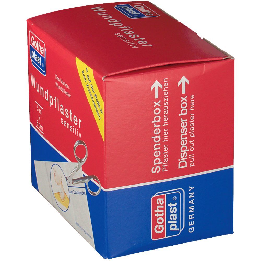 Rote und blaue Verpackung mit Produktinformationen. Schere und Pflaster sind abgebildet. Gothaplast Wundpflaster sensitiv.