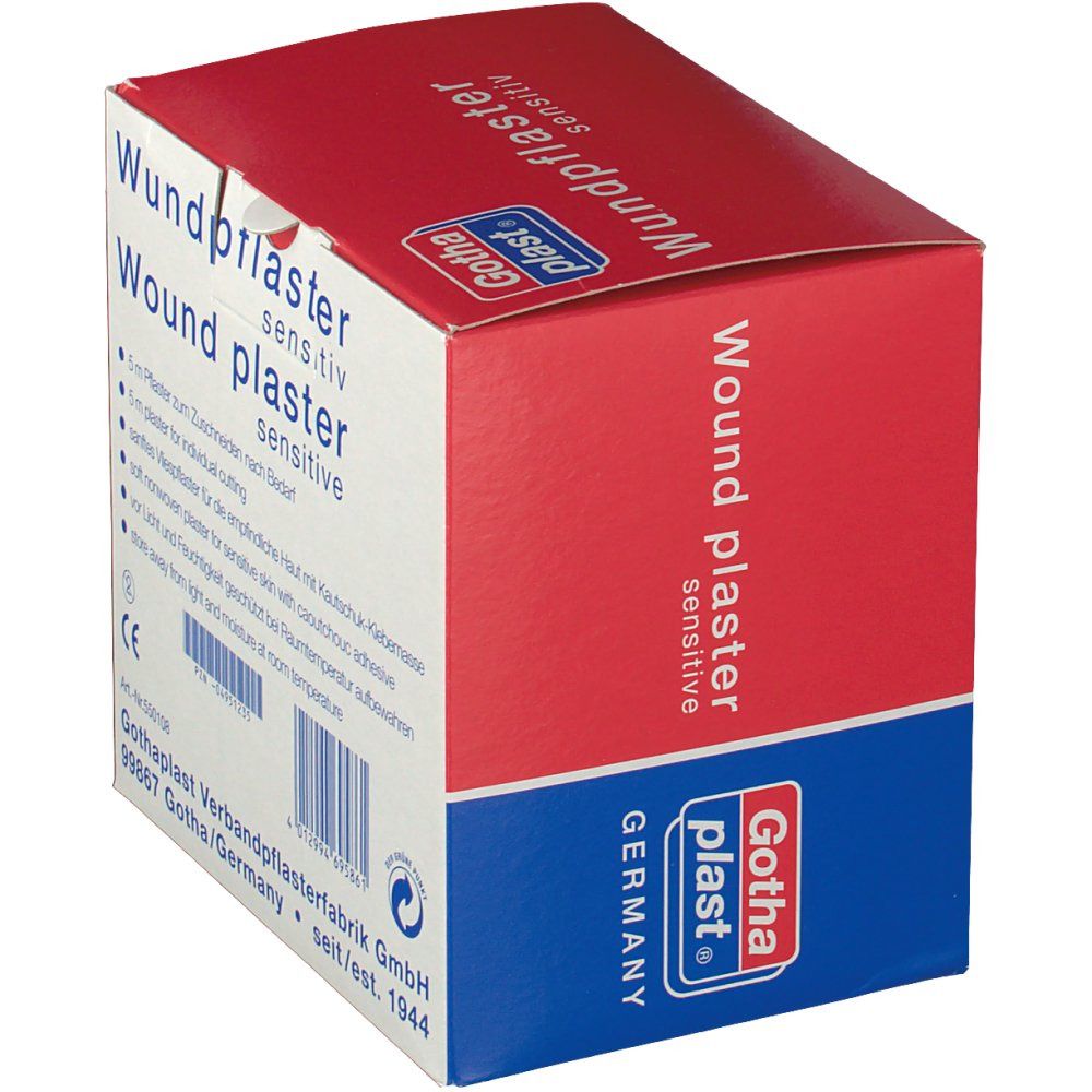 Rote und blaue Verpackung mit Produktinformationen. Text: Wundpflaster sensitiv. Gothaplast-Logo. CE-Zeichen.