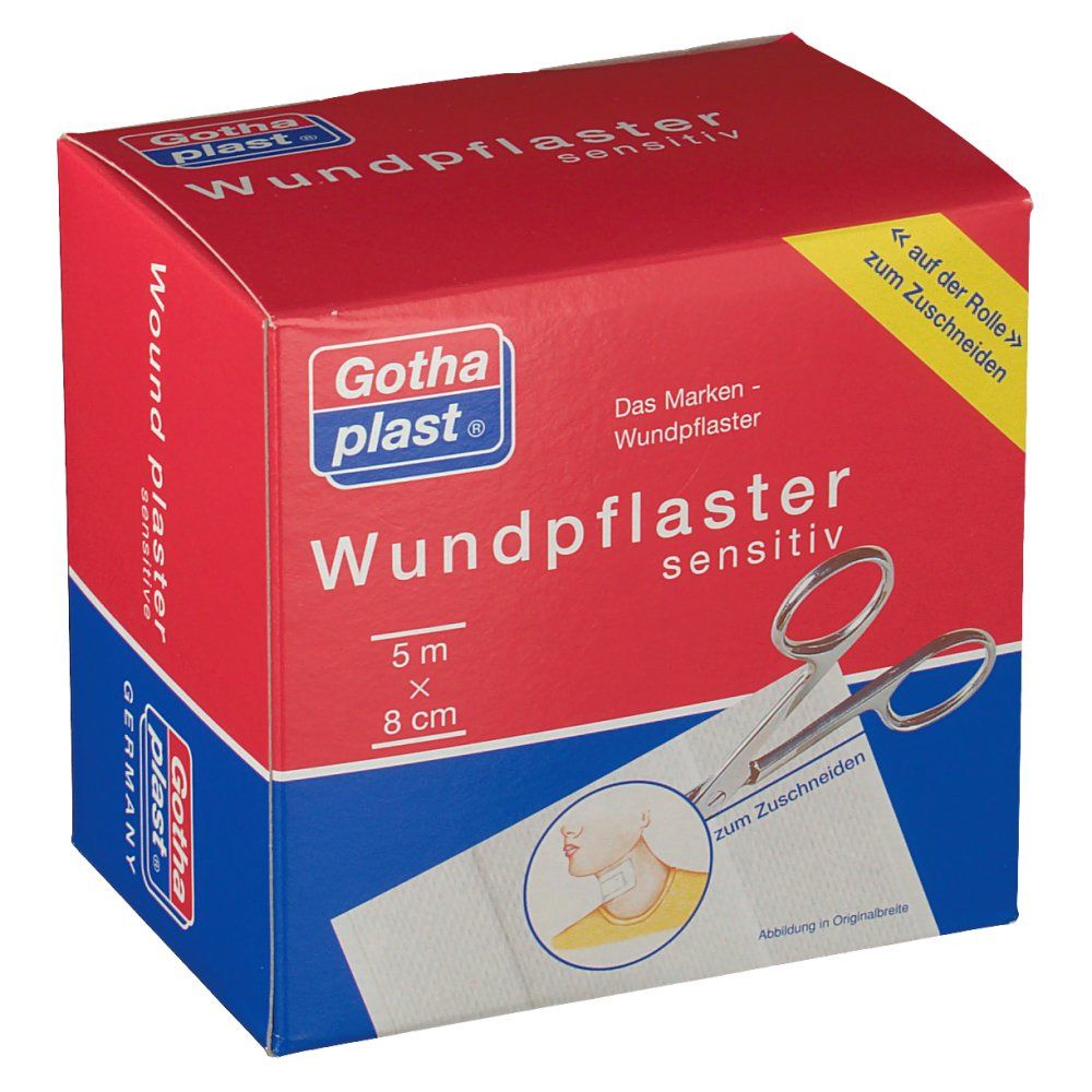Rote und blaue Verpackung mit Produktinformationen. Schere und Pflaster sind abgebildet. Gothaplast Wundpflaster sensitiv, 5 m x 8 cm.