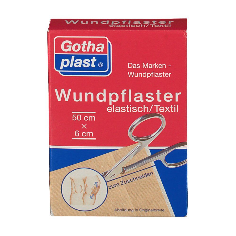 Verpackung Gothaplast Wundpflaster, rot-weiß. Aufdruck: 50 cm x 6 cm, Schere, Illustration. Marke sichtbar.