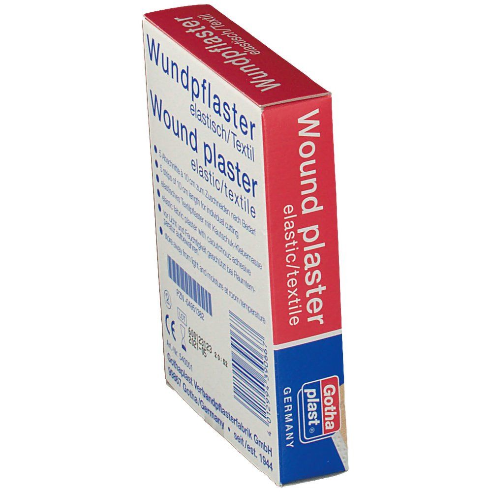 Gothaplast Wundpflaster-Verpackung, Seitenansicht. Text: Wundpflaster, elastisch/Textil. CE-Kennzeichnung. Herstellerinformationen.