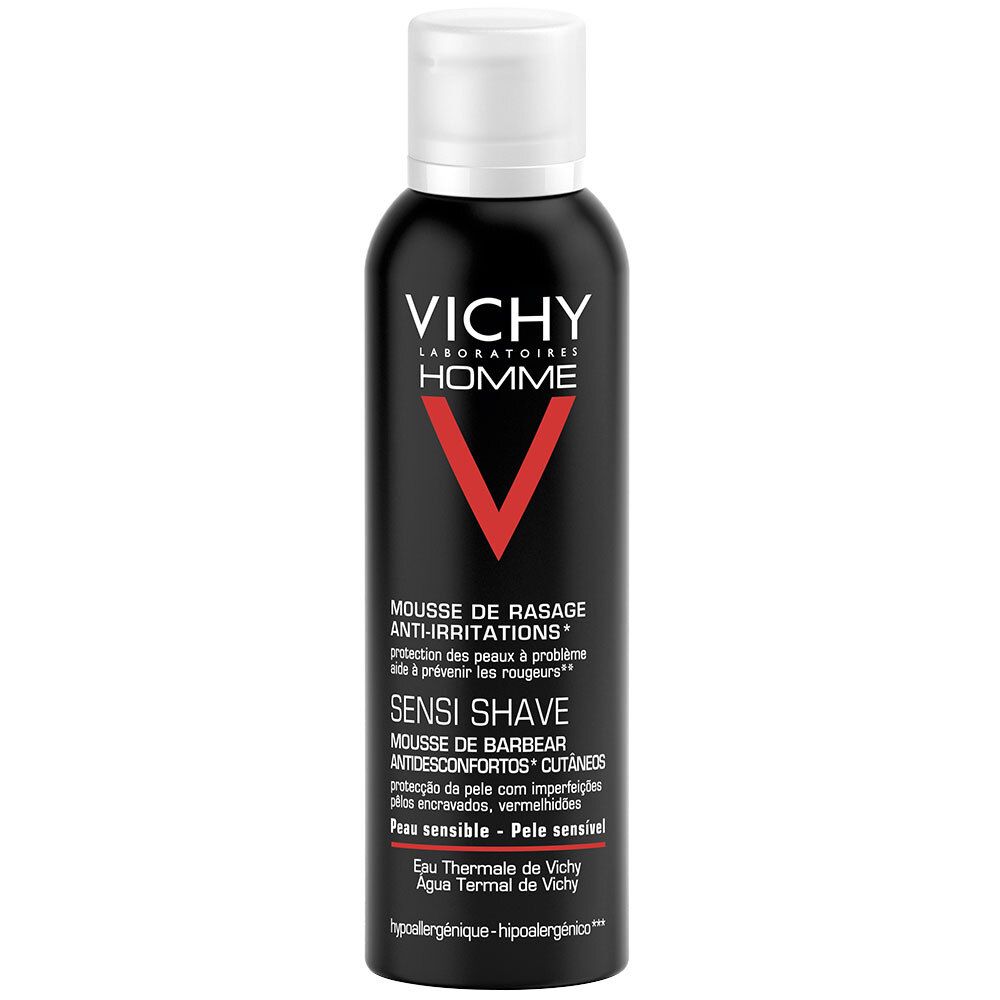 Schwarze Dose mit weißem Deckel. Aufschrift: VICHY HOMME, rotes V. Produktname: Sensi Shave. Text in Französisch und Portugiesisch.