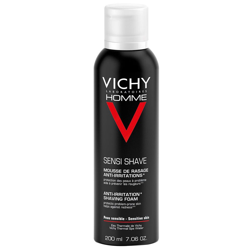 Schwarze Dose mit weißem Deckel. Aufschrift: VICHY Homme, Sensi Shave. Anti-Irritationen. Für empfindliche Haut.