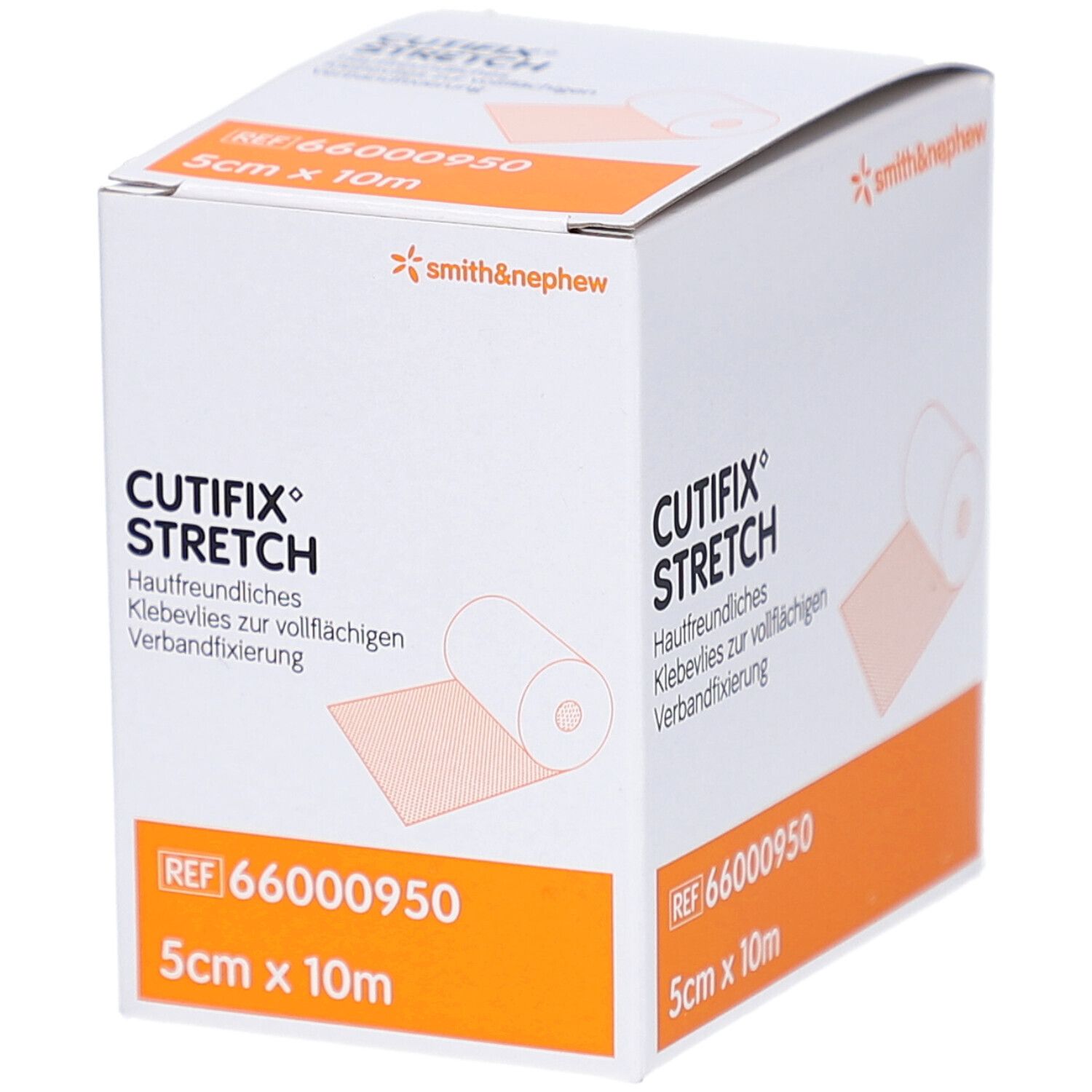 Verpackung von Cutifix Stretch Klebevlies. Marke Smith & Nephew. 5 cm x 10 m. Orangefarbene Akzente.