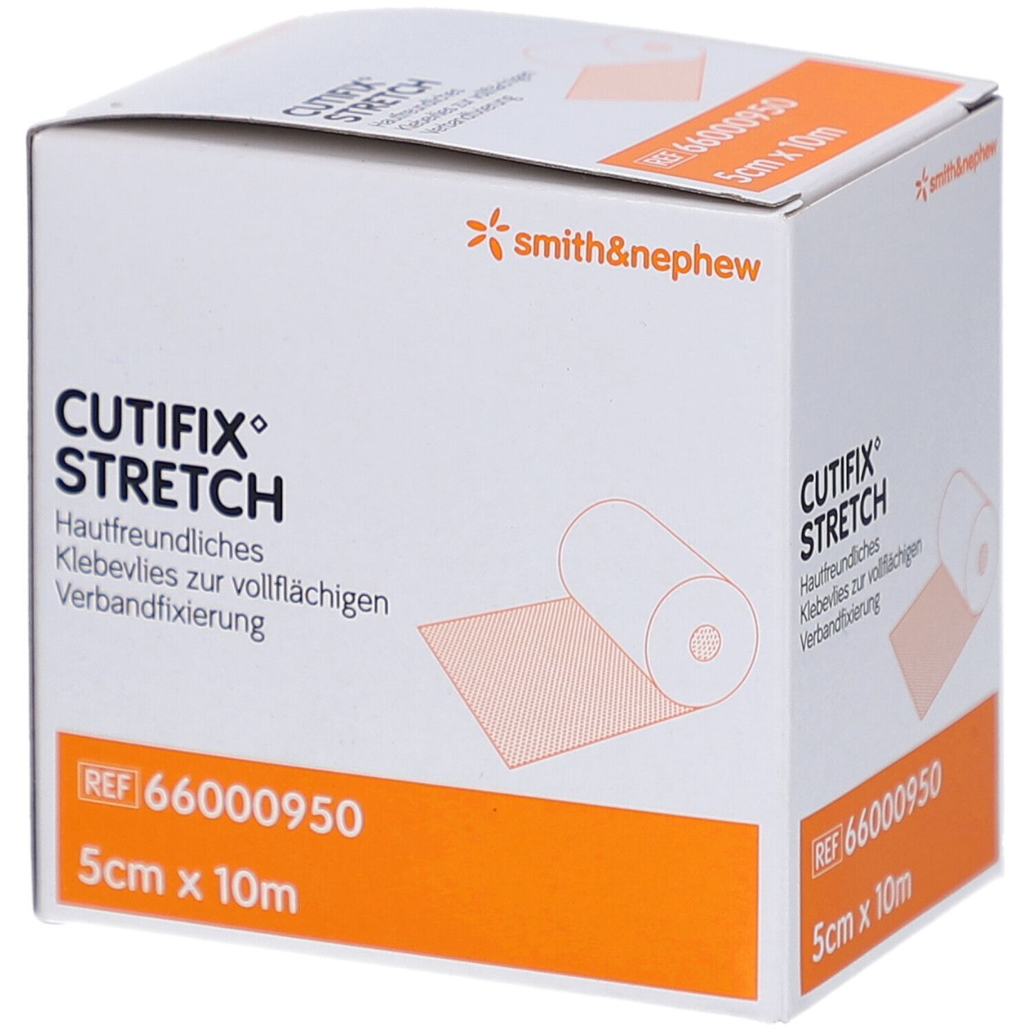 Verpackung von Cutifix Stretch Klebevlies. Marke Smith & Nephew. 5 cm x 10 m. Orangefarbene Akzente.